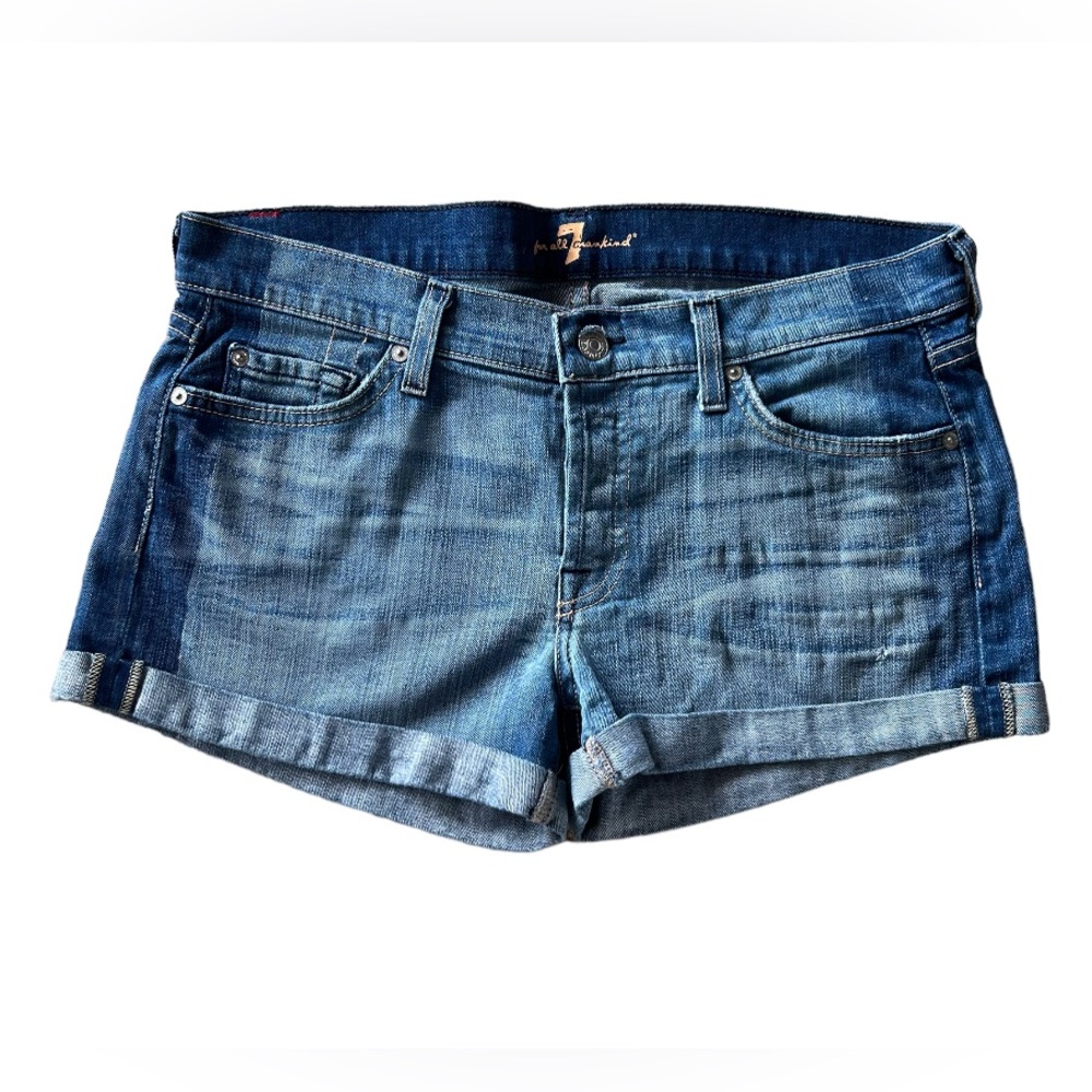 7 For All Mankind Button Fly Two Tone Blue Denim Jean Shorts